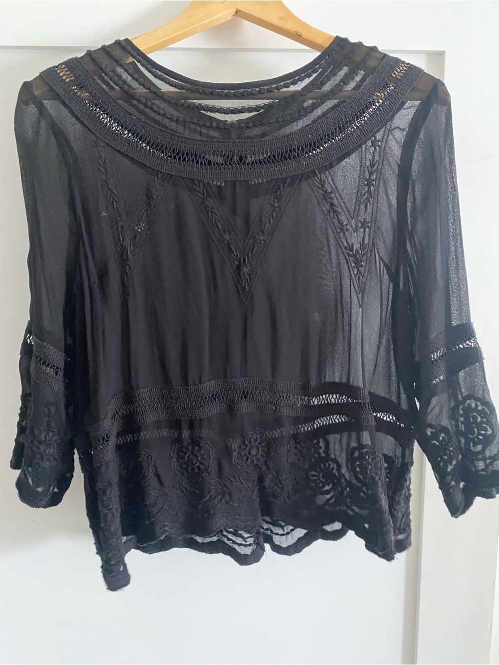 Topshop Black Sheer Embroidered Boho Blouse | Crochet Eyelet Trim | US 8